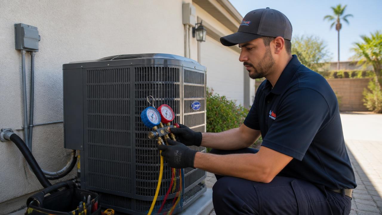 HVAC technician performing a seasonal air conditioner tune-up on an outdoor condenser unit at a California home