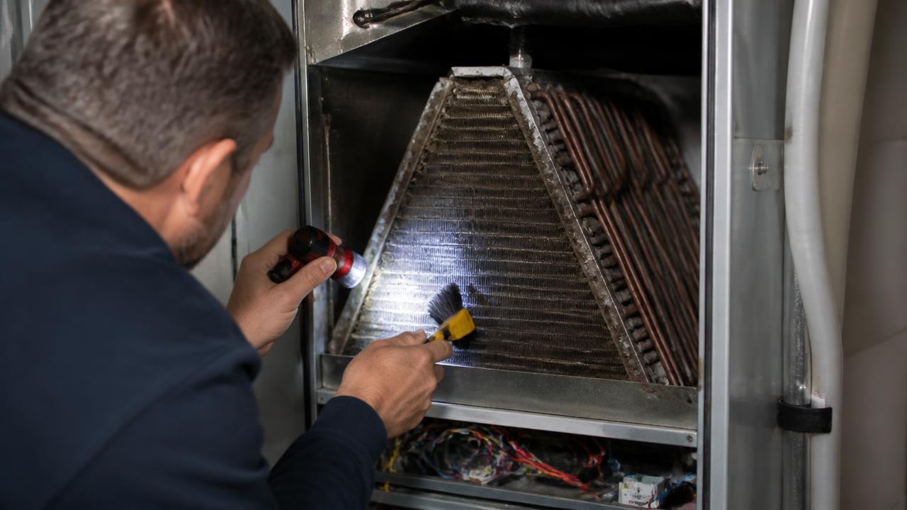 Technician cleaning dirty evaporator coils inside a residential furnace cabinet during an HVAC tune-up